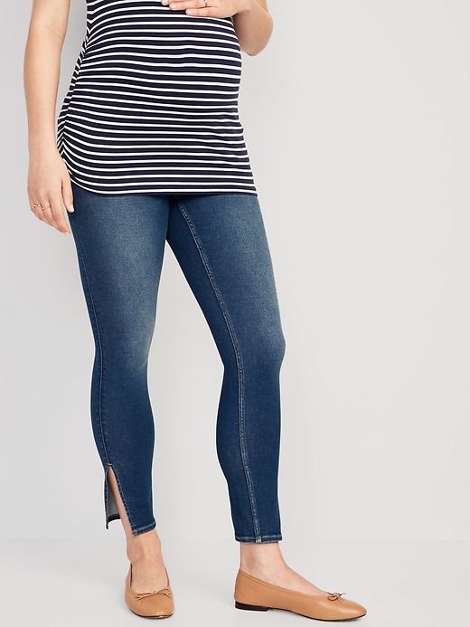 Image number 1 showing, Maternity Rollover-Panel Side-Slit 360° Stretch Skinny Jeans