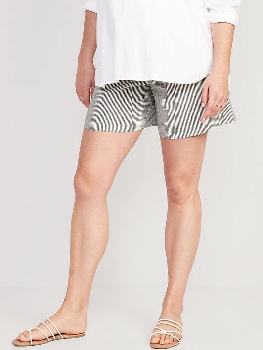 Image number 1 showing, Maternity Matching Striped Full-Panel Linen-Blend Tailored Shorts -- 6-inch inseam