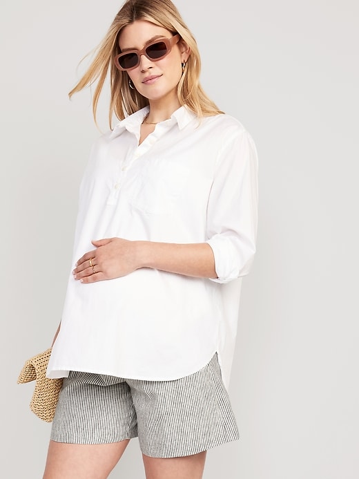 Image number 3 showing, Maternity Matching Striped Full-Panel Linen-Blend Tailored Shorts -- 6-inch inseam