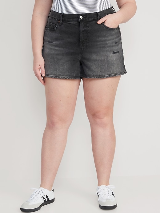 Image number 7 showing, Higher High-Waisted Black-Wash A-Line Ripped Jean Shorts -- 3-inch inseam