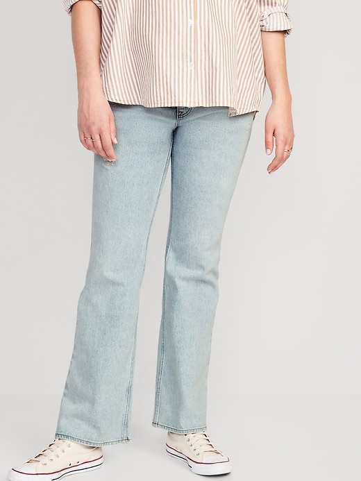 Image number 1 showing, Maternity Front-Low Panel Distressed Flare Jeans