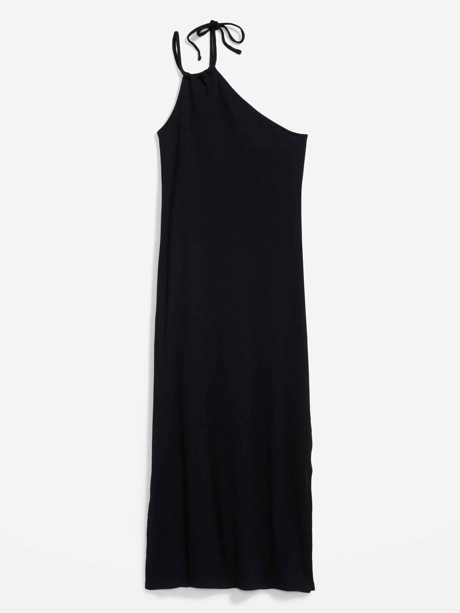 Fitted One-Shoulder Double-Strap Rib-Knit Midi Dress