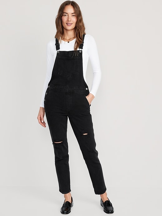 Image number 1 showing, OG Straight Black-Wash Ripped Jean Overalls for Women