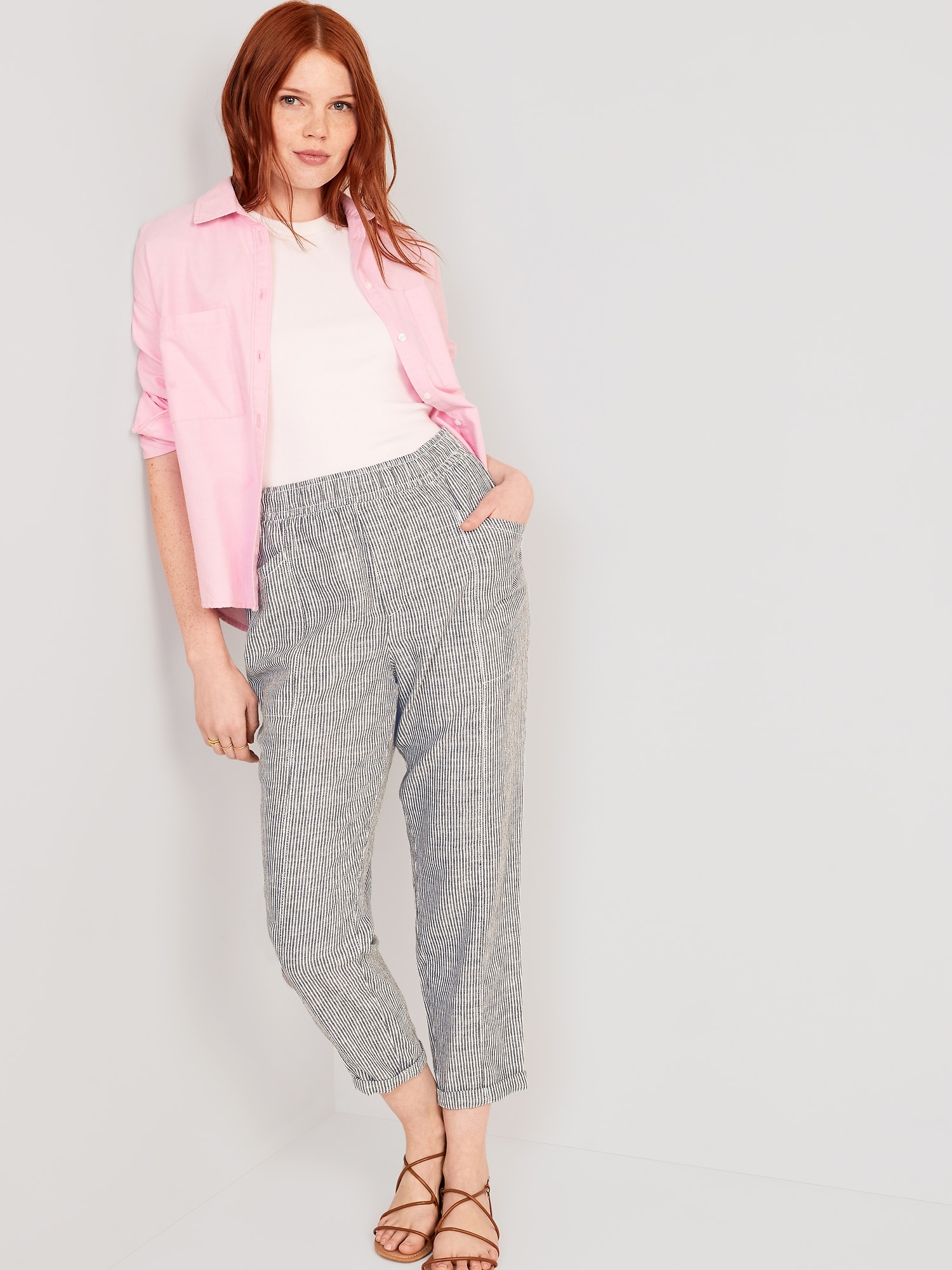 High-Waisted Striped Cropped Linen-Blend Tapered Pants for Women | Old Navy