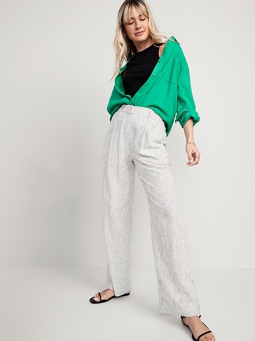 Image number 3 showing, High-Waisted Pleated Taylor Linen-Blend Wide-Leg Trouser Suit Pants