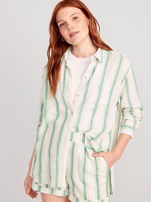 Image number 1 showing, Oversized Striped Linen-Blend Boyfriend Shirt