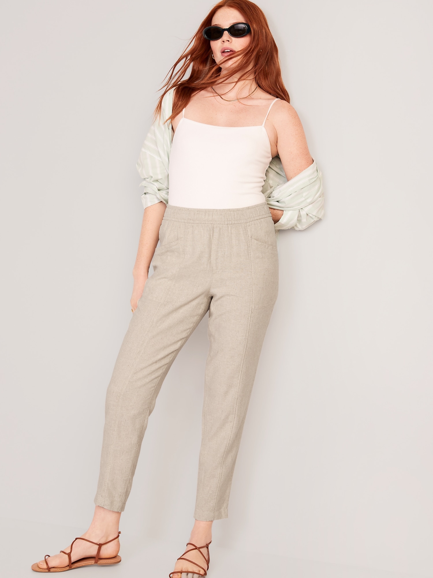 & OTHER STORIES Linen Blend Cropped Trousers in Khaki Stripe | Endource