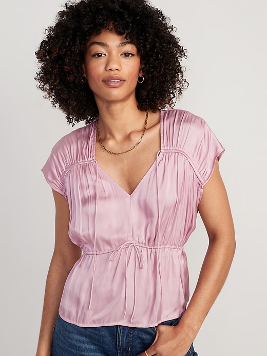 Image number 1 showing, Waist-Defined Satin Shirred Tie-Front Blouse