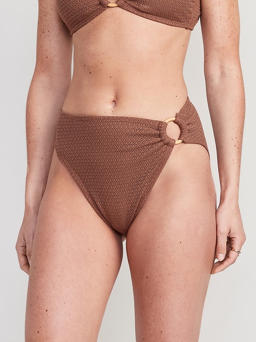 Image number 1 showing, Mid-Rise O-Ring Crochet-Knit French-Cut Bikini Swim Bottoms