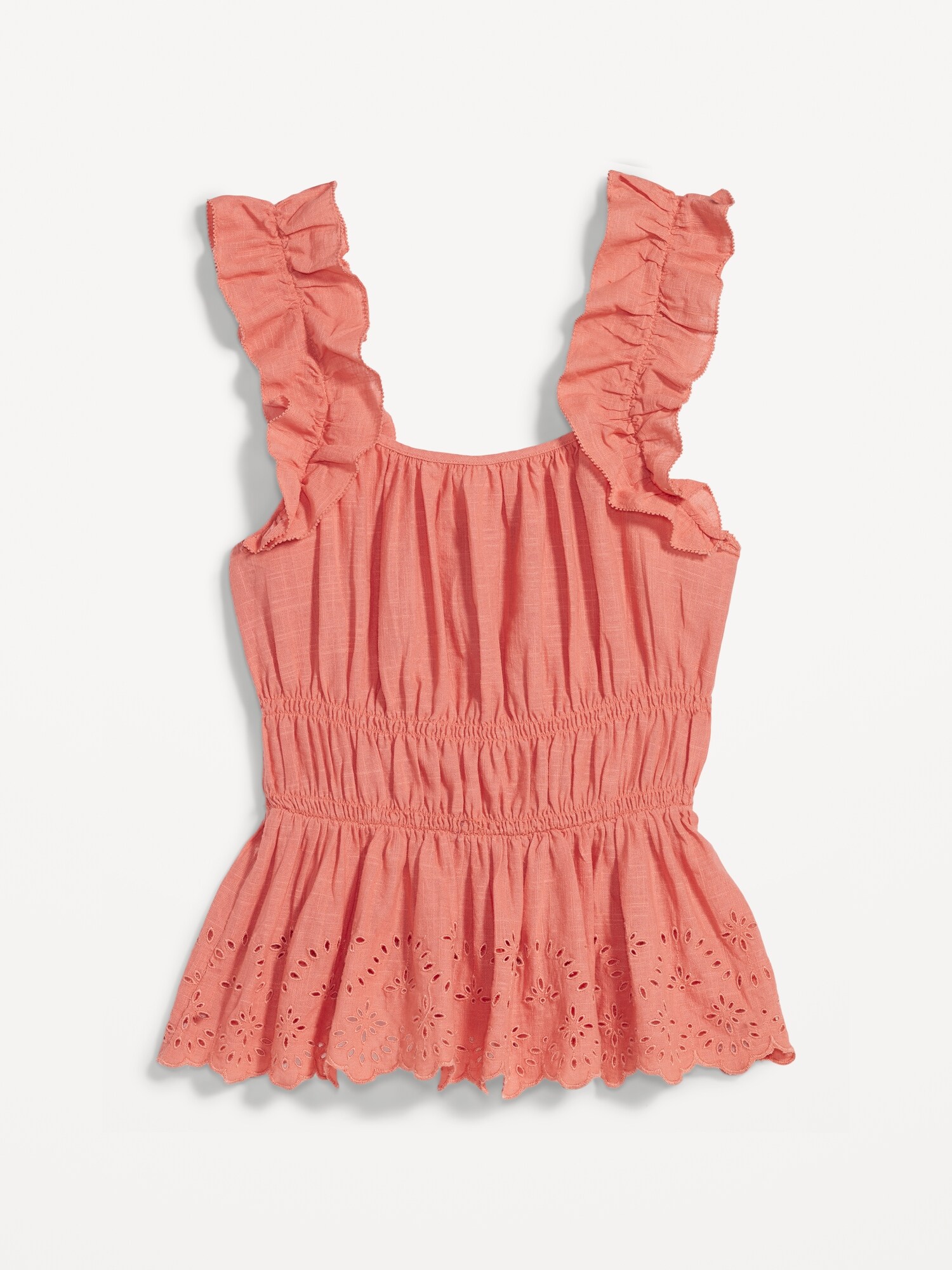 Sleeveless Waist-Defined Ruffle-Trim Embroidered Babydoll Blouse