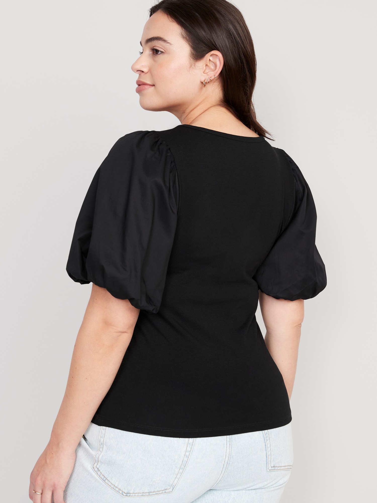 Fitted Puff-Sleeve Paneled Rib-Knit T-Shirt for Women | Old Navy