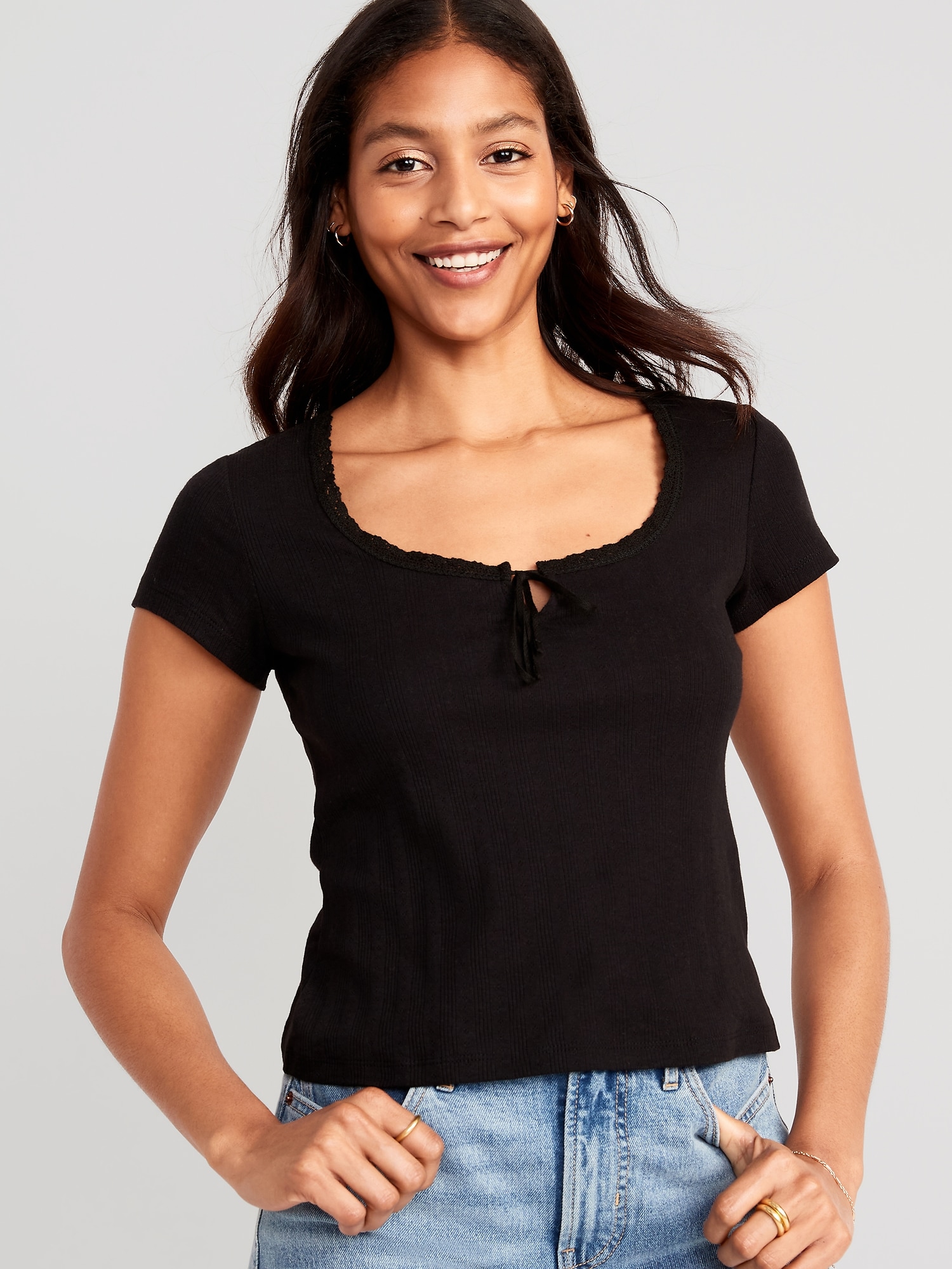 Knit Pointelle Button-Front Scoop Tee