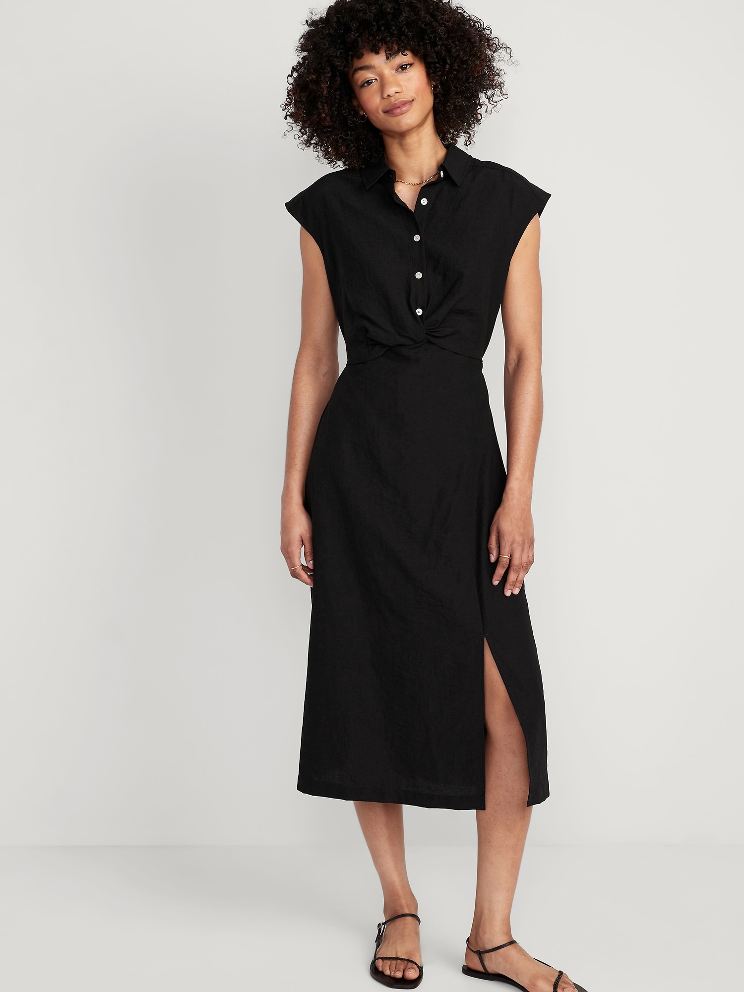 Old Navy Waist-Defined Twist-Front Midi Shirt Dress for Women black. 1