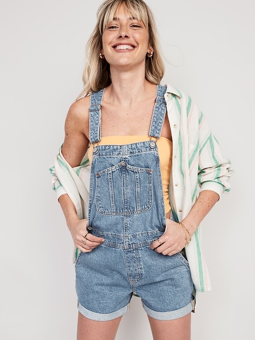 Image number 3 showing, Slouchy Straight Non-Stretch Jean Short Overalls -- 3.5-inch inseam