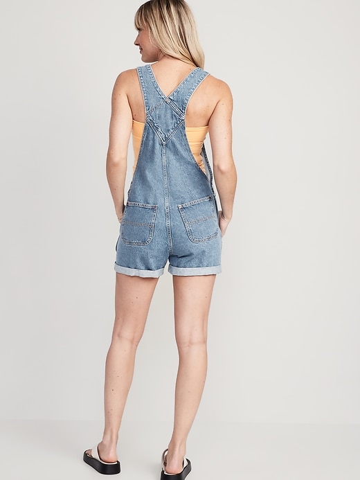 Image number 2 showing, Slouchy Straight Non-Stretch Jean Short Overalls -- 3.5-inch inseam
