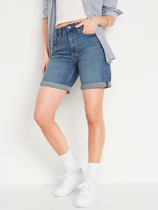 Image number 1 showing, High-Waisted OG Straight Jean Shorts -- 7-inch inseam