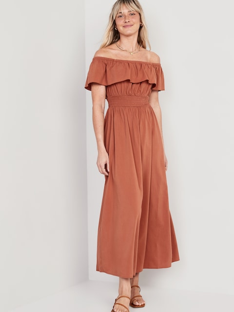 Waist-Defined Ruffled Off-The-Shoulder Smocked Maxi Dress