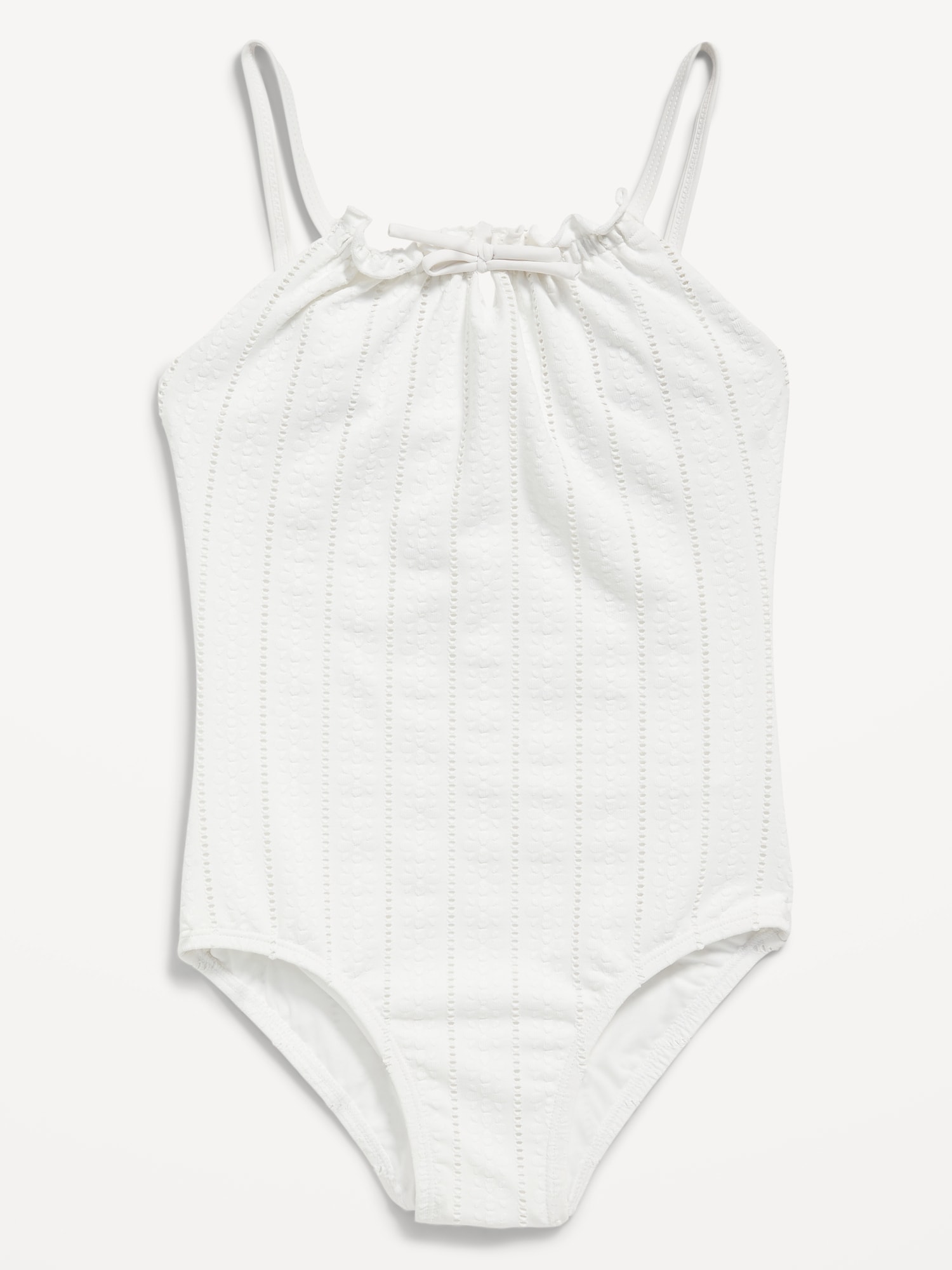 Old Navy Textured-Eyelet Cinch-Tie One-Piece Swimsuit for Girls white. 1