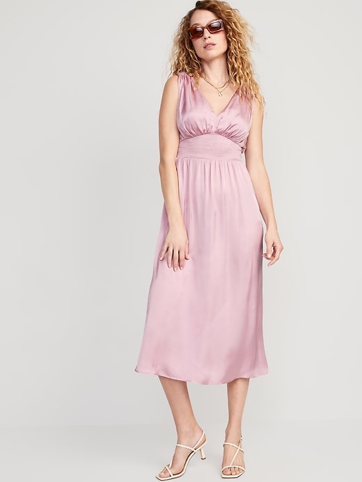 Image number 1 showing, Waist-Defined Tie-Back Satin Maxi Dress