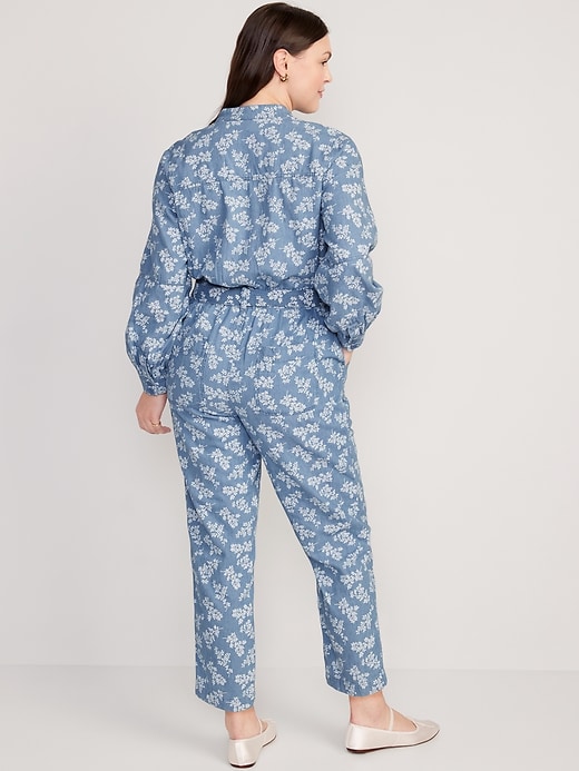 Image number 6 showing, Waist-Defined Floral Utility Non-Stretch Jean Jumpsuit