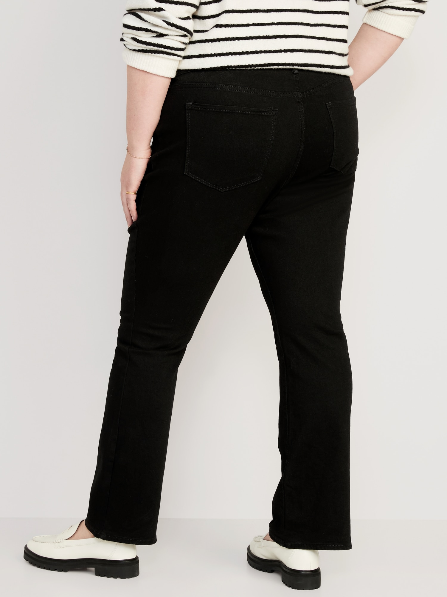 Women's Hipster Jeans Pants Bootcut Denim Black Stretch Zip Belt