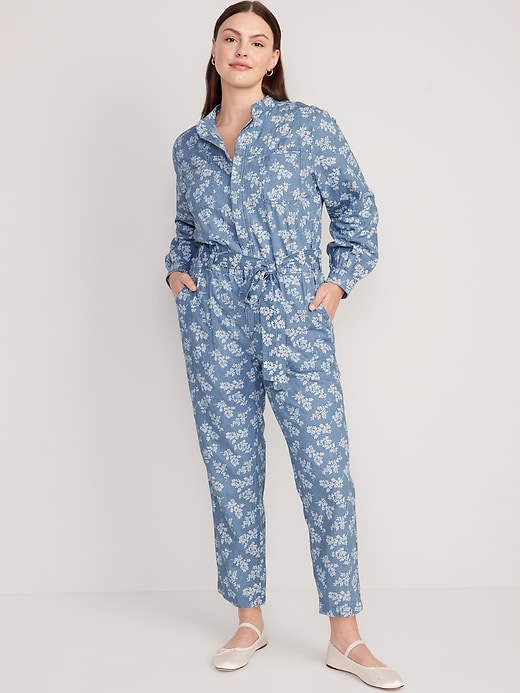 Image number 5 showing, Waist-Defined Floral Utility Non-Stretch Jean Jumpsuit