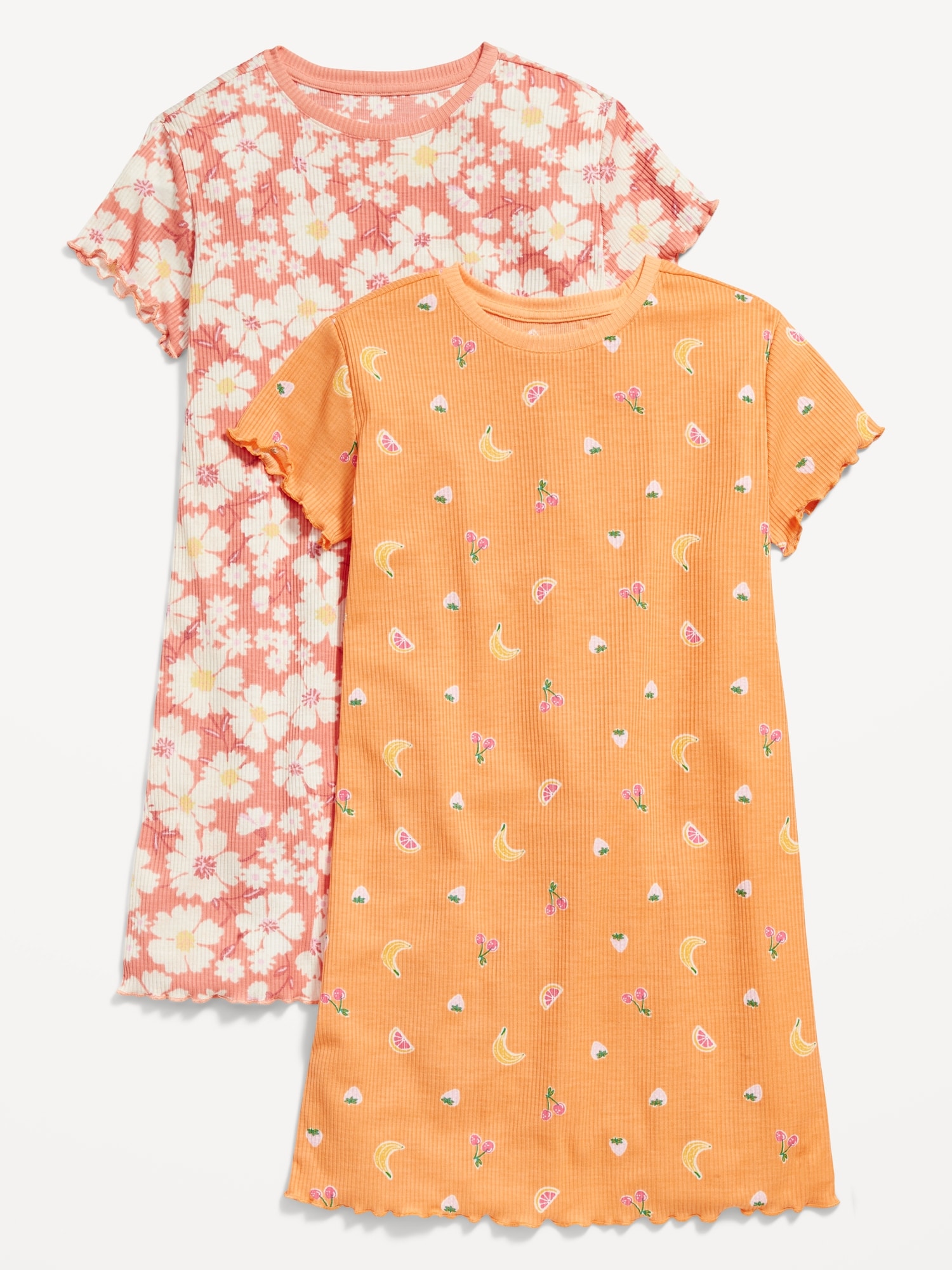 Old Navy Printed Short-Sleeve Rib-Knit Lettuce-Edge Nightgown 2-Pack for Girls orange. 1