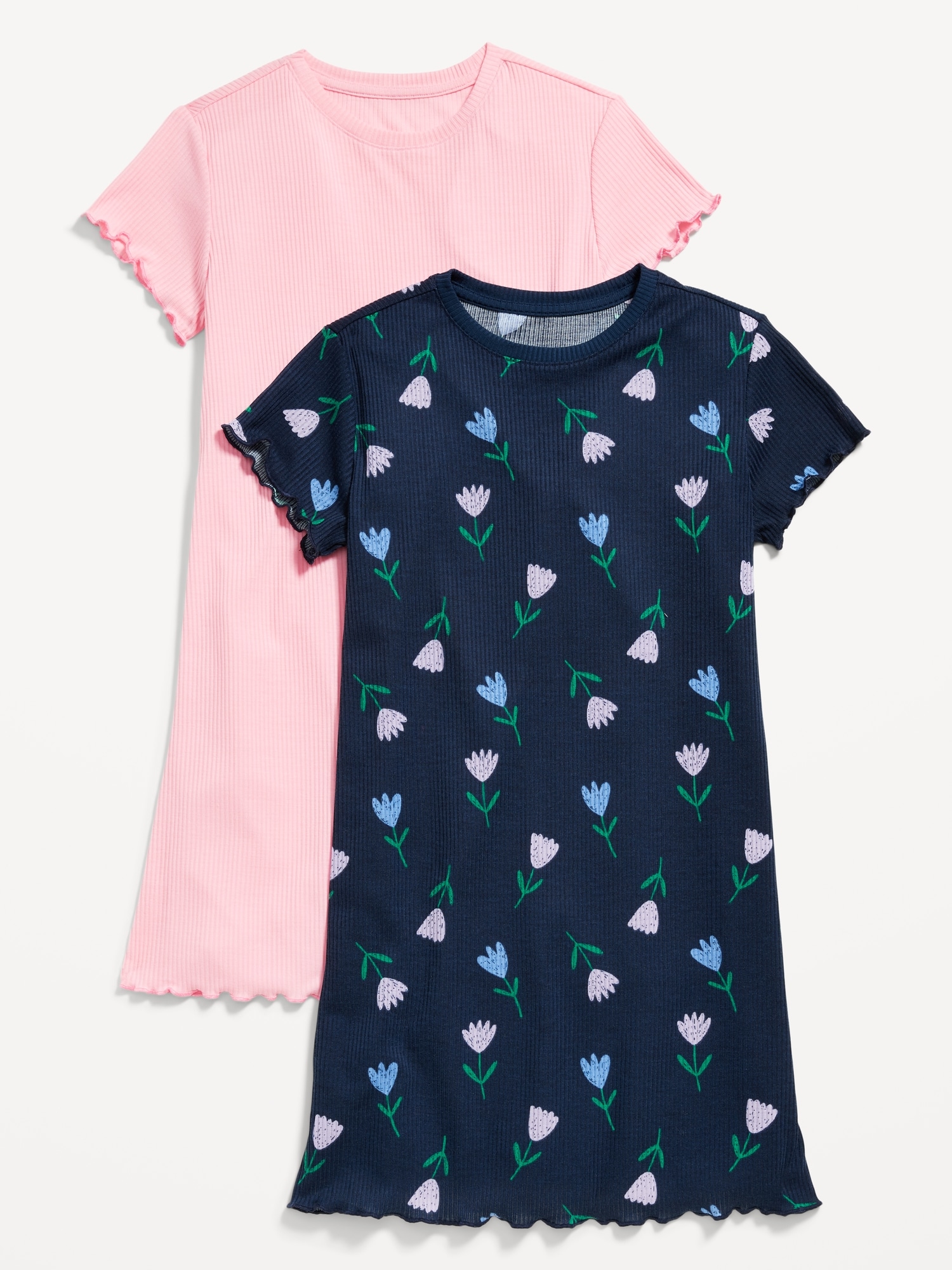 Old Navy Printed Short-Sleeve Rib-Knit Lettuce-Edge Nightgown 2-Pack for Girls blue. 1