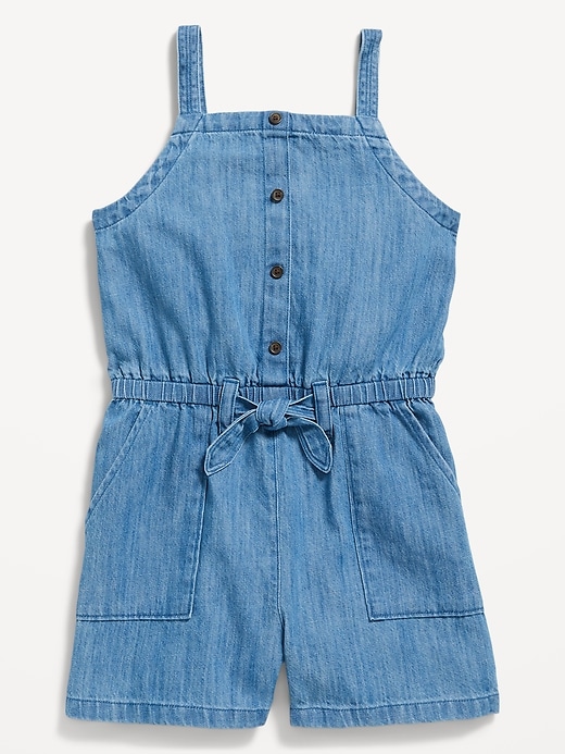 View large product image 2 of 3. Sleeveless Tie-Front Jean Utility Romper for Girls