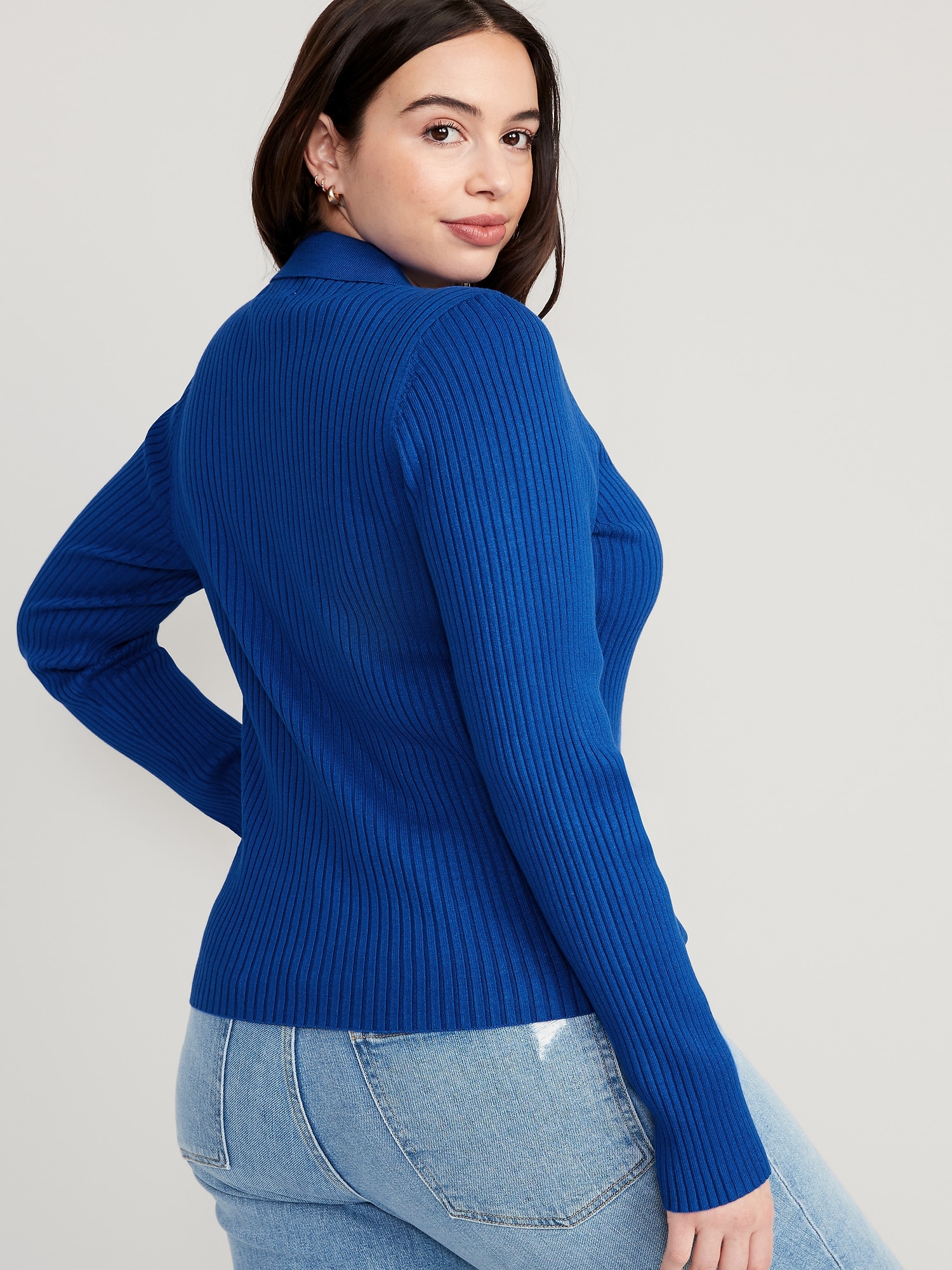 Rib-Knit Collared Sweater