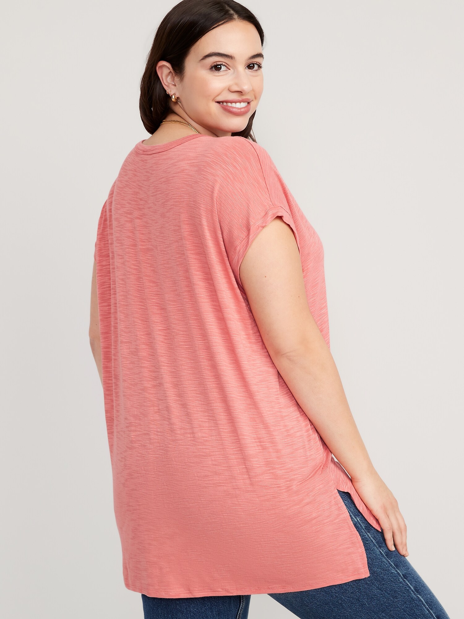 Luxe Voop-Neck Slub-Knit Tunic T-Shirt for Women