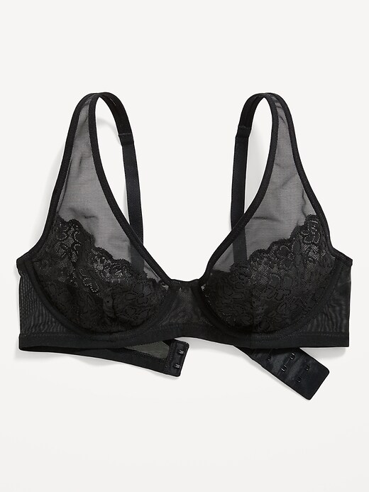 Lace-Paneled Mesh Underwire Plunge Bra for Women