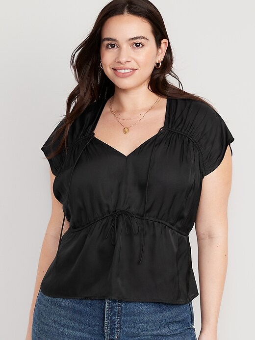 Waist-Defined Satin Shirred Tie-Front Blouse | Old Navy