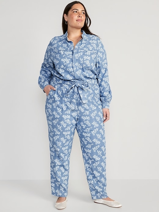 Image number 7 showing, Waist-Defined Floral Utility Non-Stretch Jean Jumpsuit