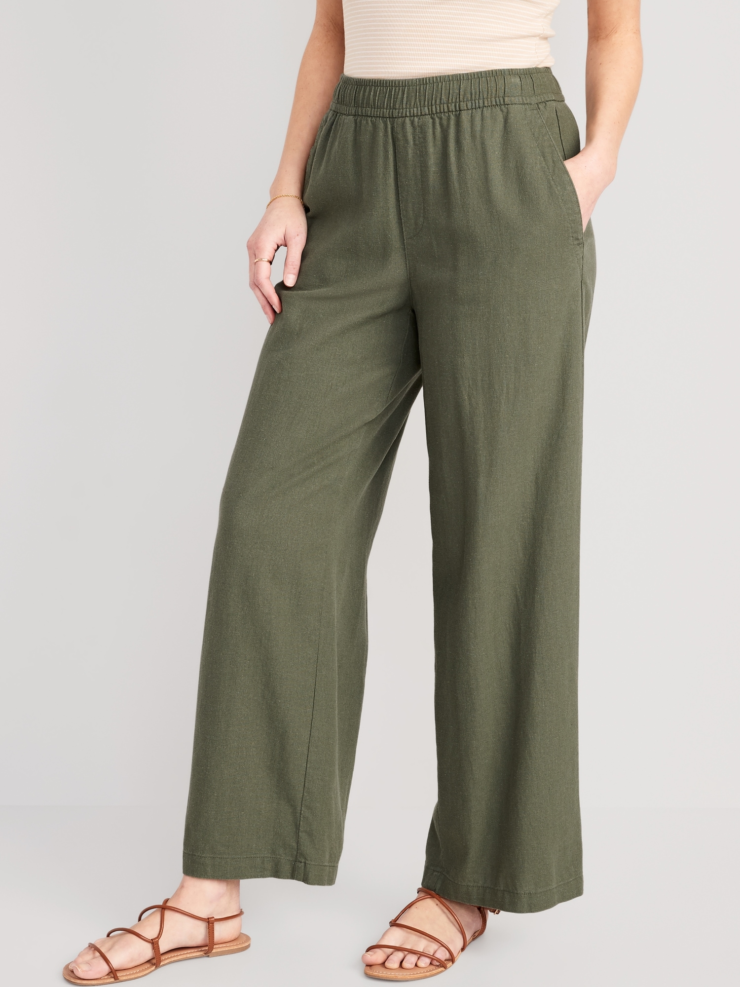 Old Navy - High-Waisted Linen-Blend Wide-Leg Pants for Women green