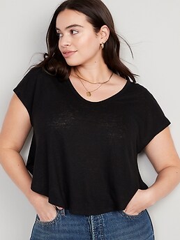 Linen-Blend Cropped Voop-Neck T-Shirt | Old Navy