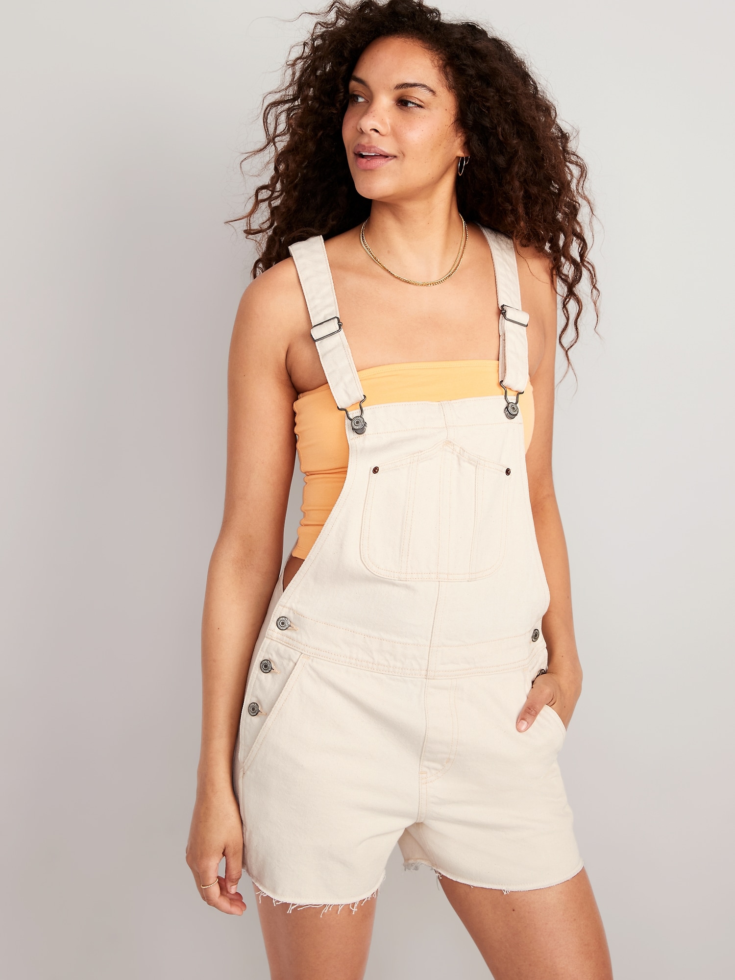 Old Navy Slouchy Straight Ecru-Wash Cut-Off Non-Stretch Jean Shortalls for Women -- 3.5-inch inseam beige. 1