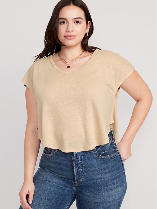 Image number 5 showing, Linen-Blend Crop Voop-Neck T-Shirt