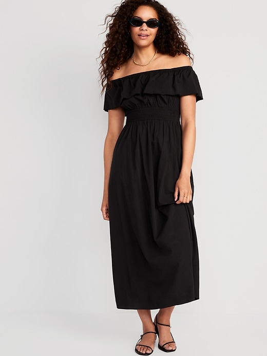Waist-Defined Ruffled Off-The-Shoulder Smocked Maxi Dress for Women ...
