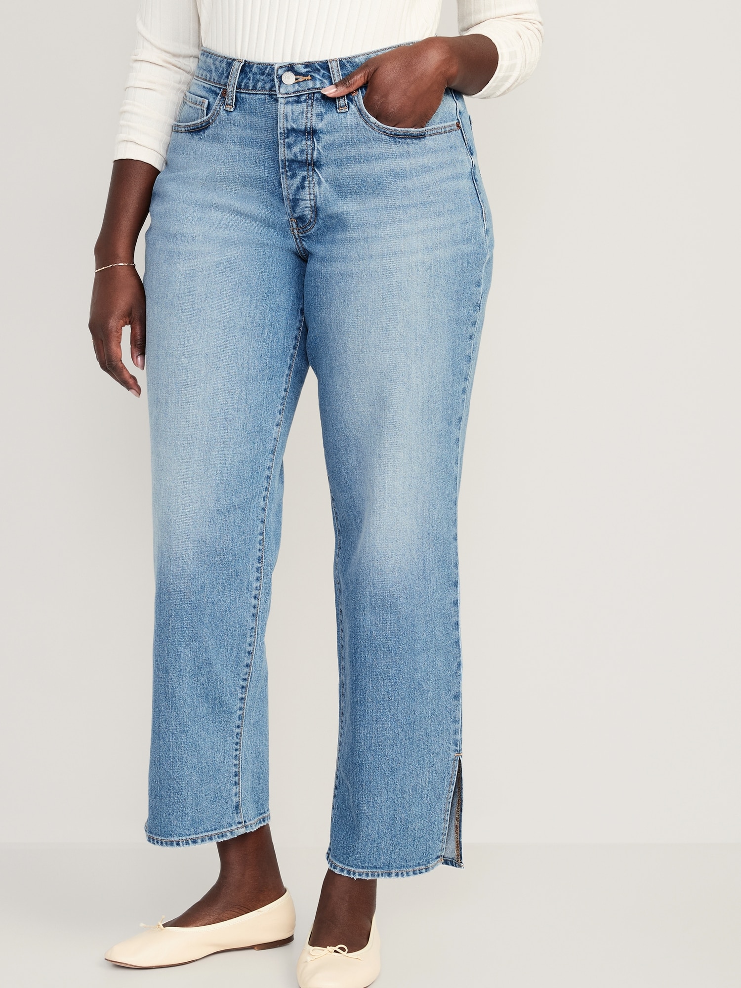 Curvy High-Waisted Button-Fly OG Loose Side-Slit Jeans for Women