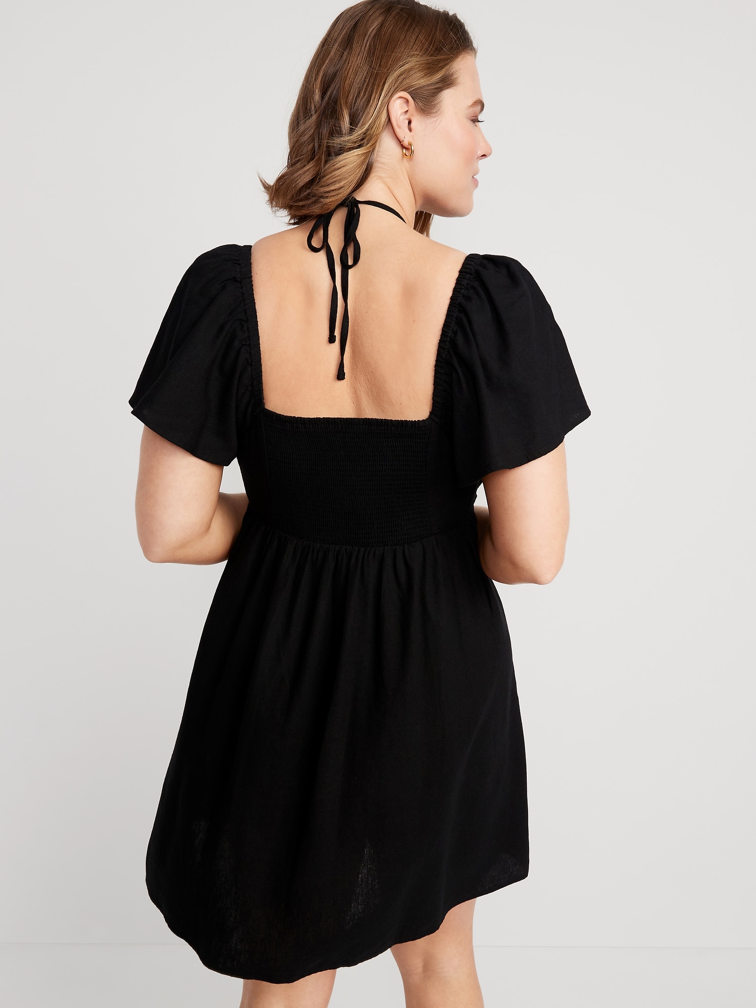 Flutter-Sleeve Linen-Blend Halter Keyhole Mini Swing Dress for Women ...