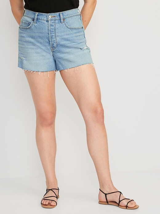 Image number 5 showing, Higher High-Waisted Button-Fly Sky-Hi A-Line Cut-Off Jean Shorts -- 3-inch inseam