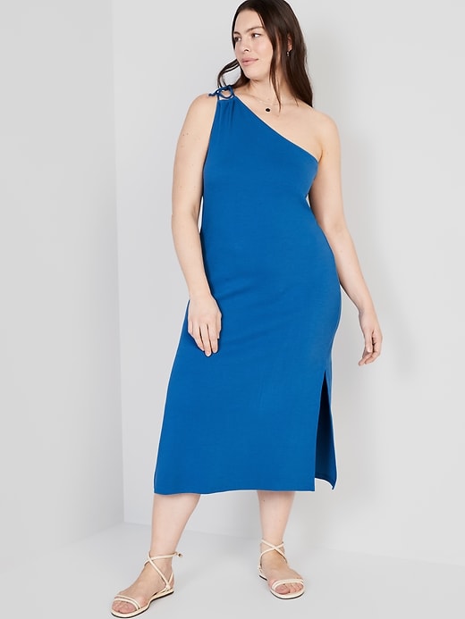 Image number 7 showing, Fitted One-Shoulder Double-Strap Rib-Knit Midi Dress