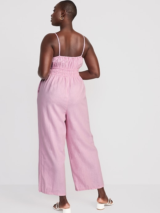 Image number 6 showing, Waist-Defined Linen-Blend Cropped Smocked Cami Jumpsuit