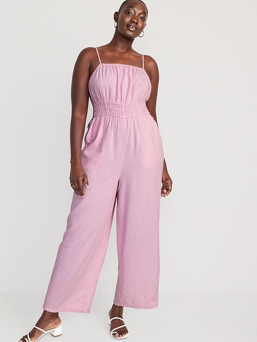 Image number 5 showing, Waist-Defined Linen-Blend Cropped Smocked Cami Jumpsuit