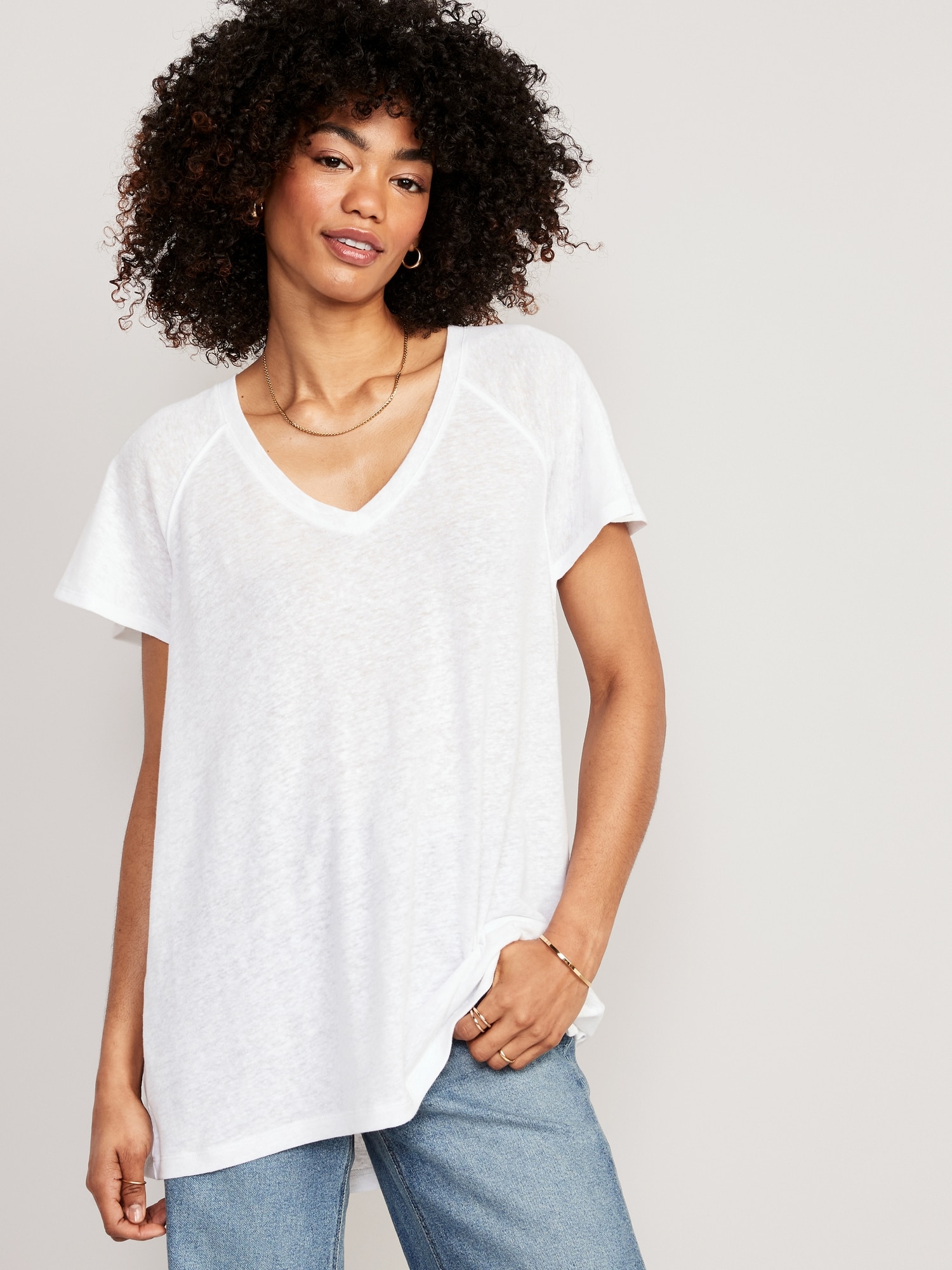 Oversized V-Neck Linen-Blend Tunic T-Shirt for Women