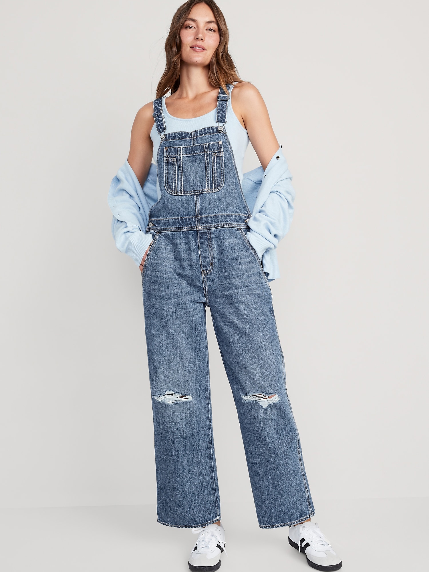 Old Navy Baggy Wide-Leg Non-Stretch Ripped Jean Overalls for Women blue. 1