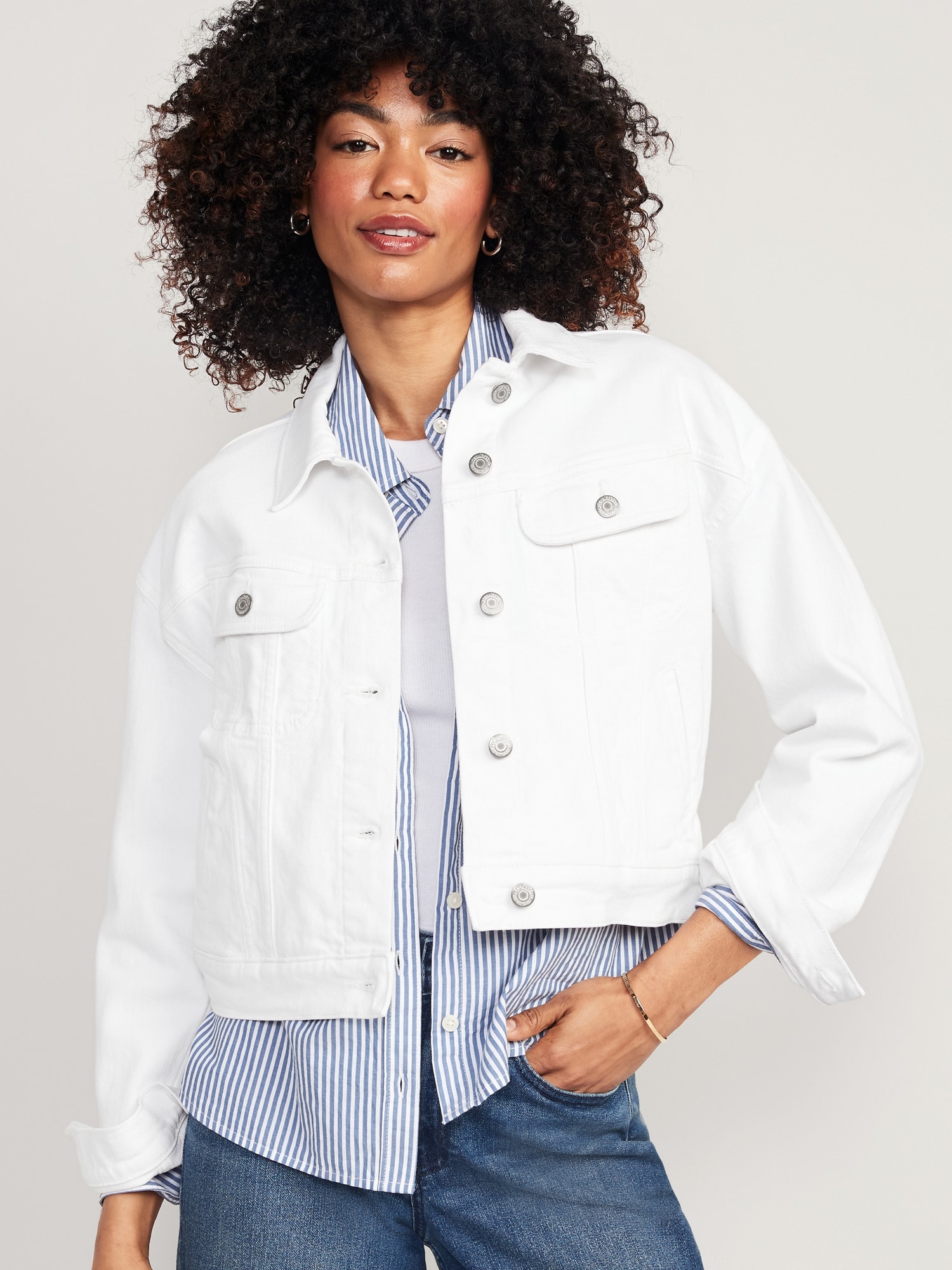 Old Navy Cropped White-Wash Jean Jacket for Women white. 1