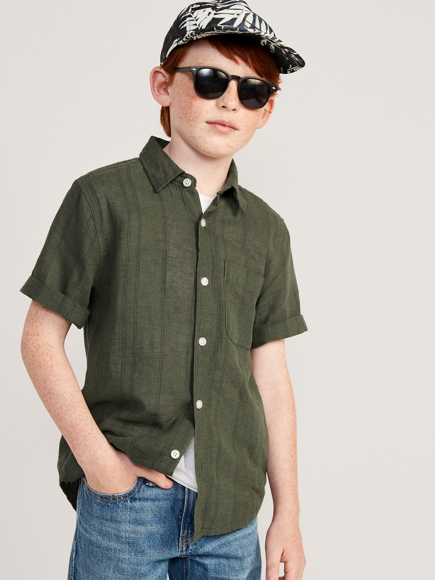 Old Navy Short-Sleeve Linen-Blend Pocket Shirt for Boys green. 1