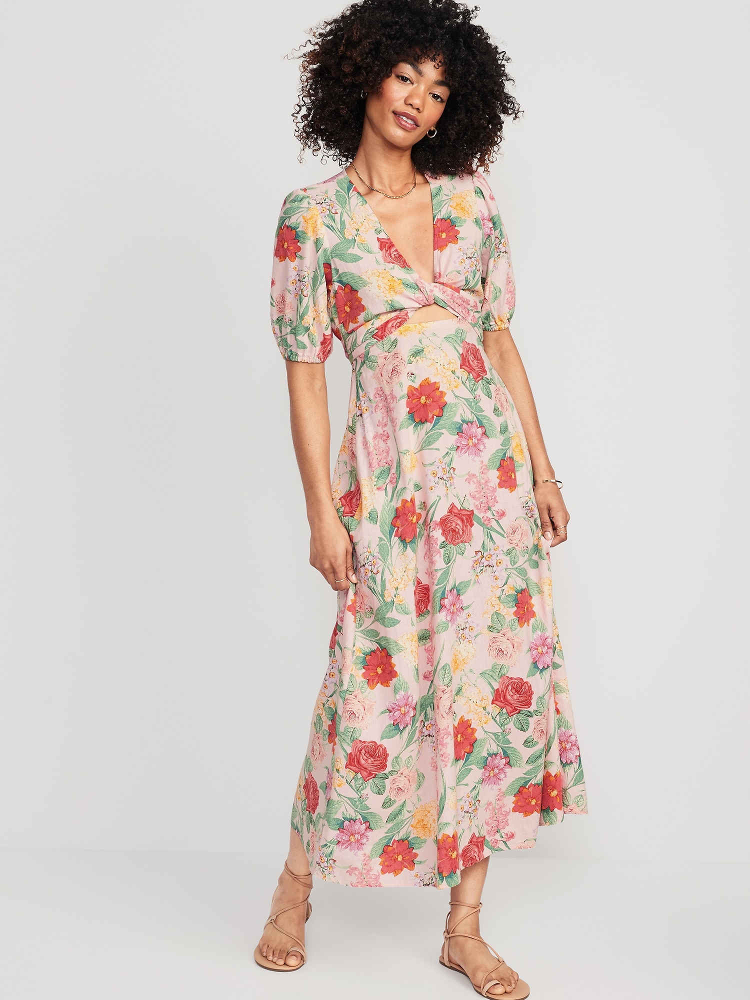 Fit & Flare Floral Linen-Blend Twist-Front Maxi Dress